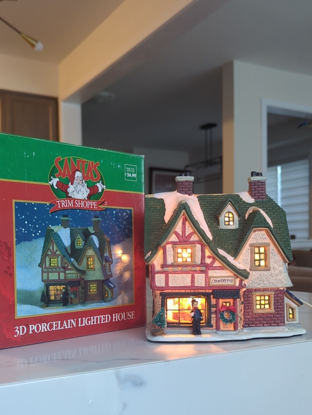 3D Porcelain Country Pub With Interior Scene Christmas Village Building House